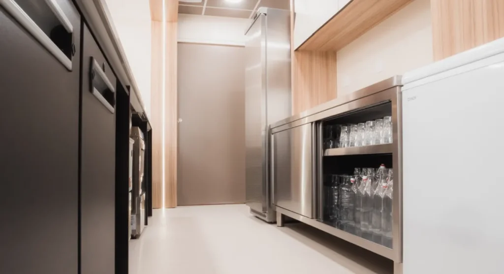 Bar en mélaminé et inox à Verel-Pragondran, pensé pour la vie locale.